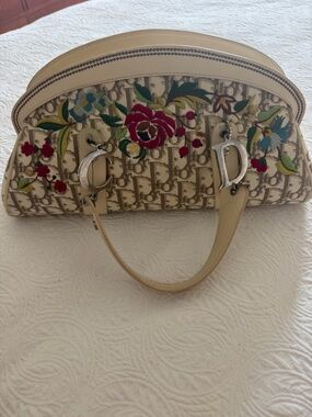 Christian Dior vintage  Canvas Floral Embroidered Satchel with Silver Hardware